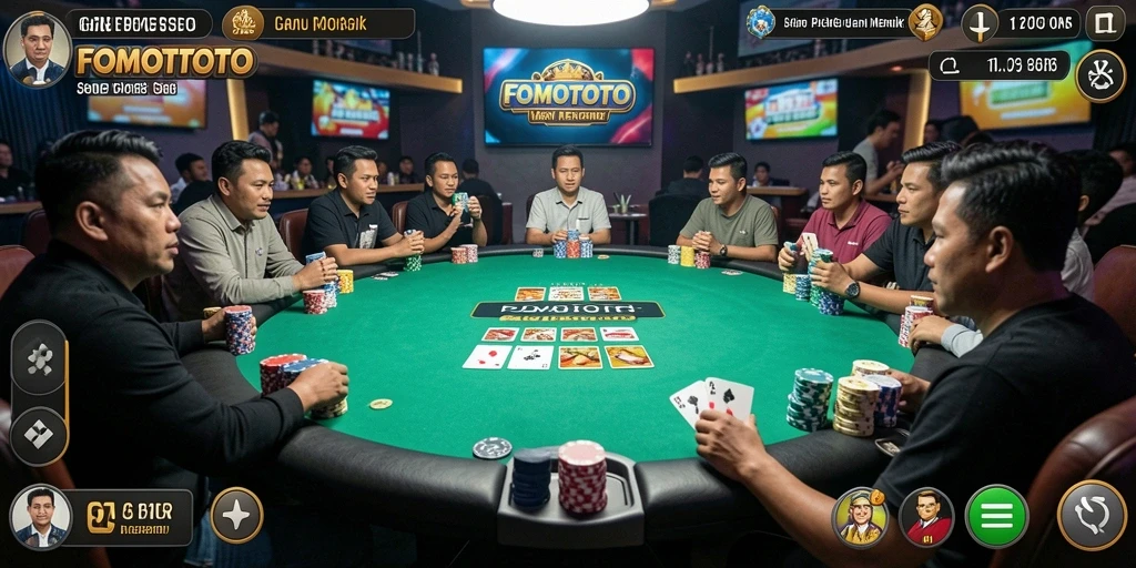 Screenshot utama FOMOTOTO menampilkan momen seru bermain Poker.