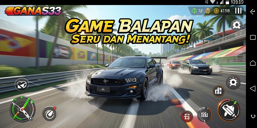 Tampilan gameplay seru dari GANAS33 yang menampilkan balapan penuh adrenalin.
