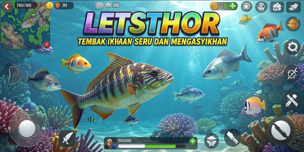 Screenshot gameplay LETSTHOR yang menampilkan aksi tembak ikan.