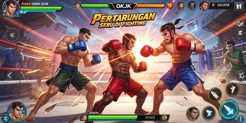Tampilan utama gameplay OKJK menampilkan pertarungan karakter yang intens.