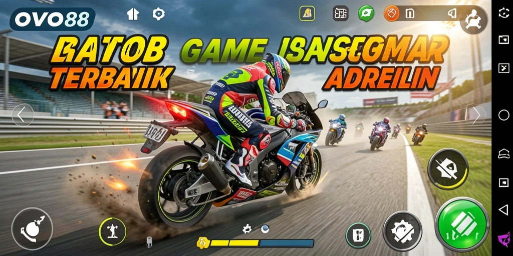 Screenshot utama OVO88 menampilkan aksi balap motor yang intens dan mendebarkan.