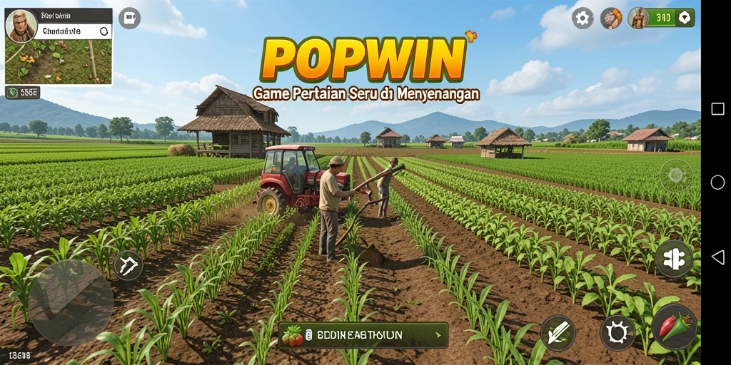 Screenshot gameplay POPWIN menampilkan pertanian yang menawan dan interaksi karakter.