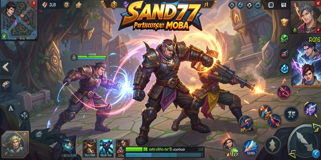 Tangkapan layar gameplay SAND77 menampilkan aksi seru di arena MOBA.