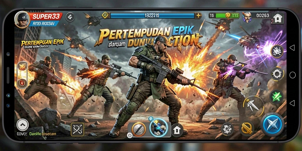 Tangkapan layar utama SUPER33 menampilkan aksi pertempuran yang mendebarkan.