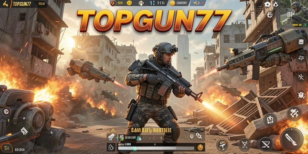 Tampilan gameplay menegangkan dari battle royale di TOPGUN77.