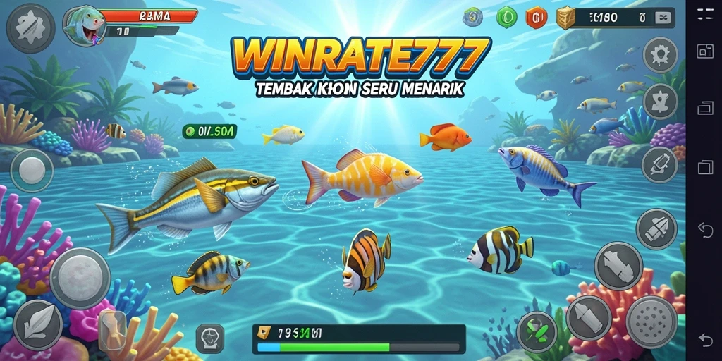 Screenshot utama WINRATE777 menunjukkan gameplay menembak ikan yang seru.